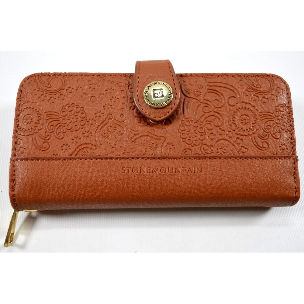 Stone Mountain Brown Faux Leather‎ Wallet Zip Around w/ Checkbook Cards Coin